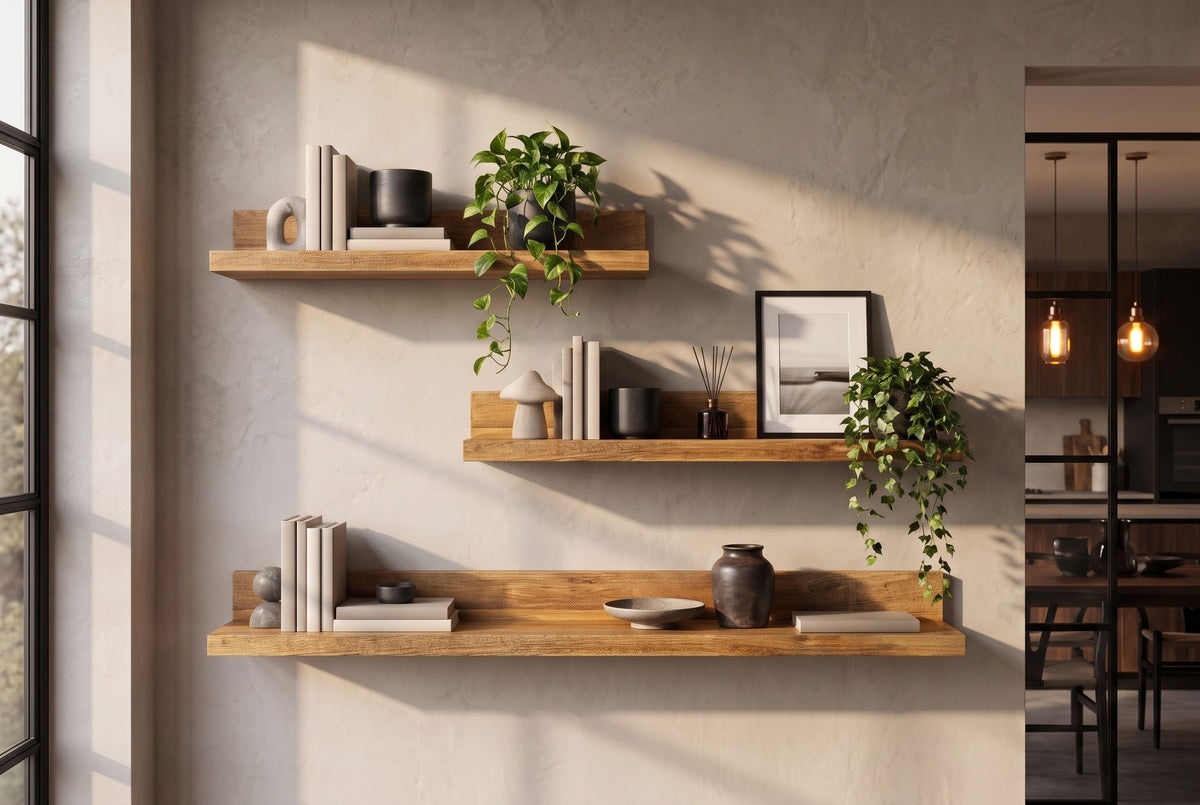 Wall shelf MAKASSAR 80cm mango wood natural w/ back panel