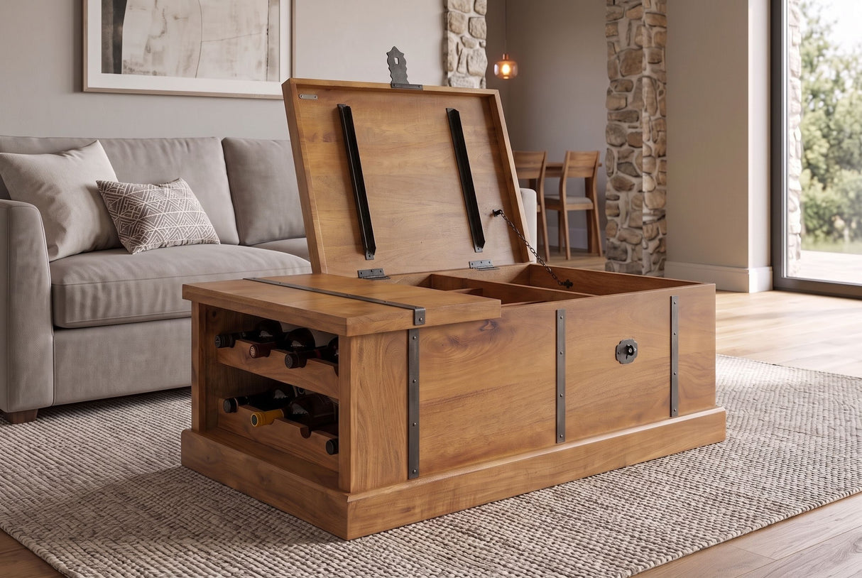 Couchtisch BODEGA 100cm mit Weinregal und Stauraum Mangoholz Honig-Finish