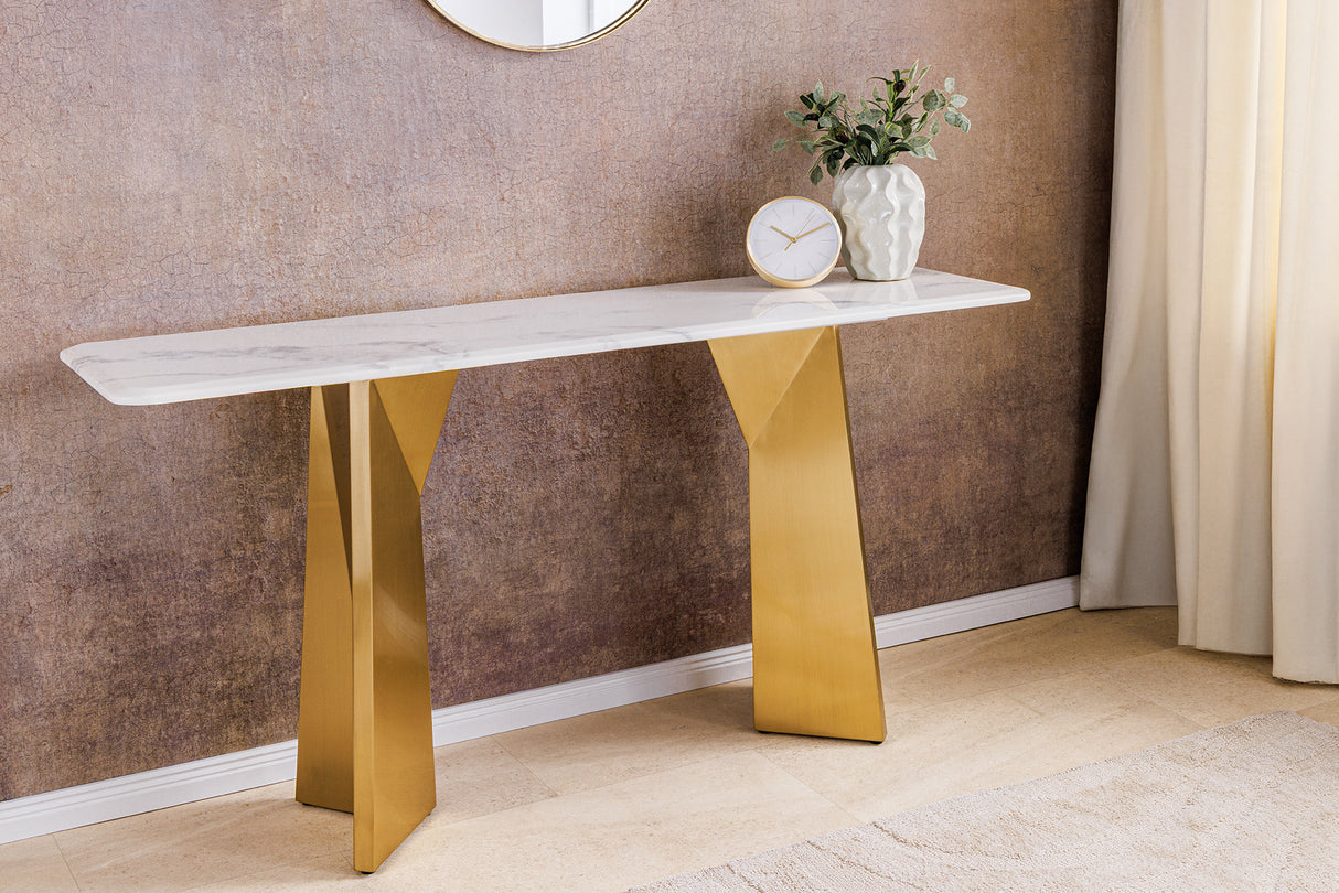 Konsole EXTRAVAGANCIA 140cm mit champagnergoldenen Beinen und weißer Marmorplatte