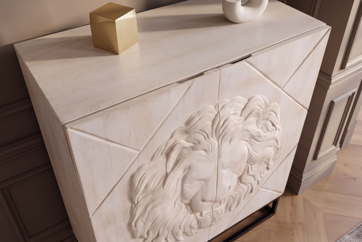 Highboard LION 120cm 3D lion front mango wood creamy w/ black metal frame