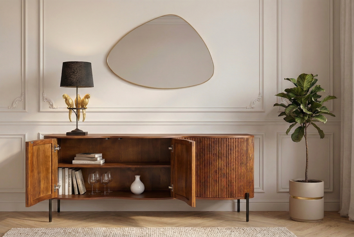 Sideboard GRANDEUR 180cm 3D Retro-Stil Mangoholz braun mit schwarzen Metallbeinen
