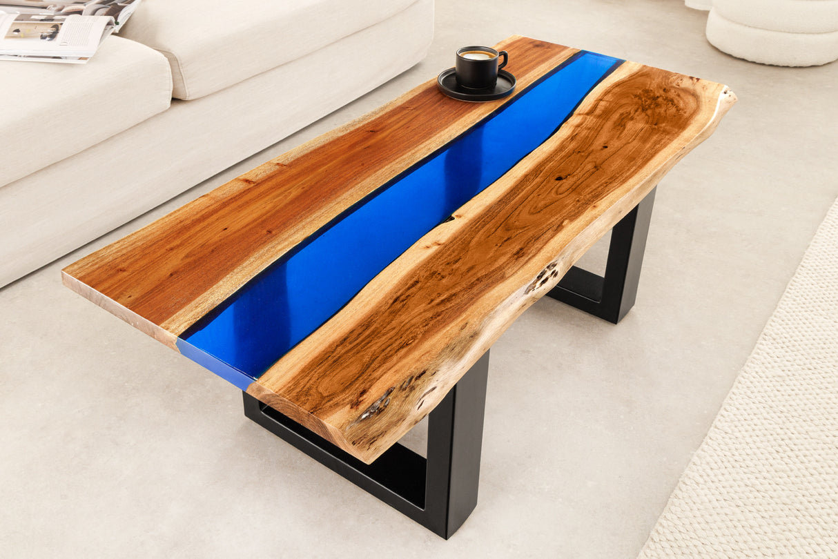 Coffee table LIQUID 110cm acacia wood blue epoxy strip