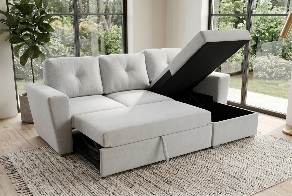 Sofa bed APARTMENT 245cm 3-seater w/ ottoman and storage space textured fabric beige