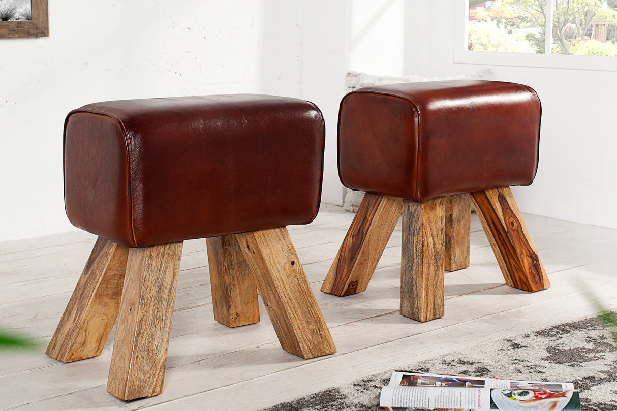 Stool BOCK 40cm genuine leather and mango wood brown