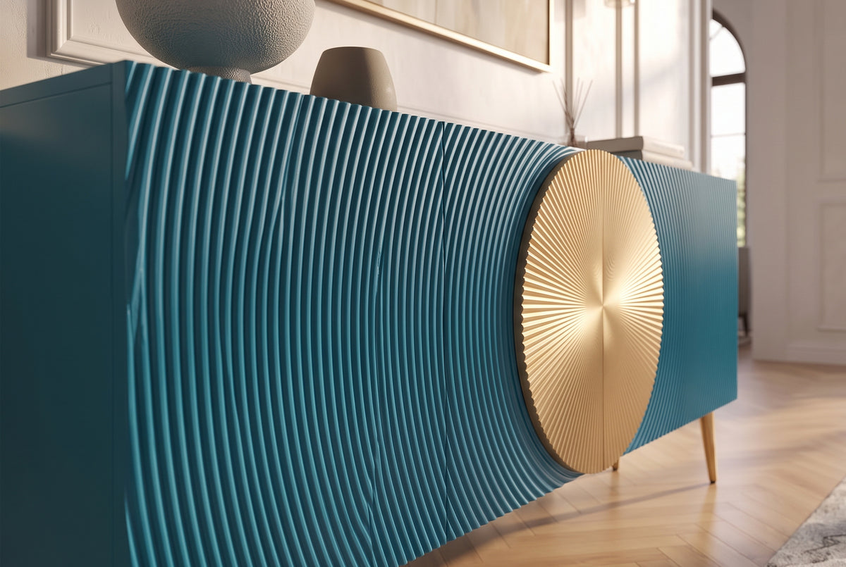 Sideboard AURUM 180cm textured front gold circle accent mango wood turquoise gold metal feet