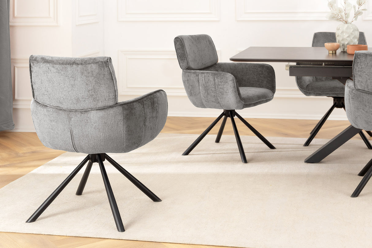 Swivel chair UNIQUE 180° w/ armrests chenille fabric grey and black legs