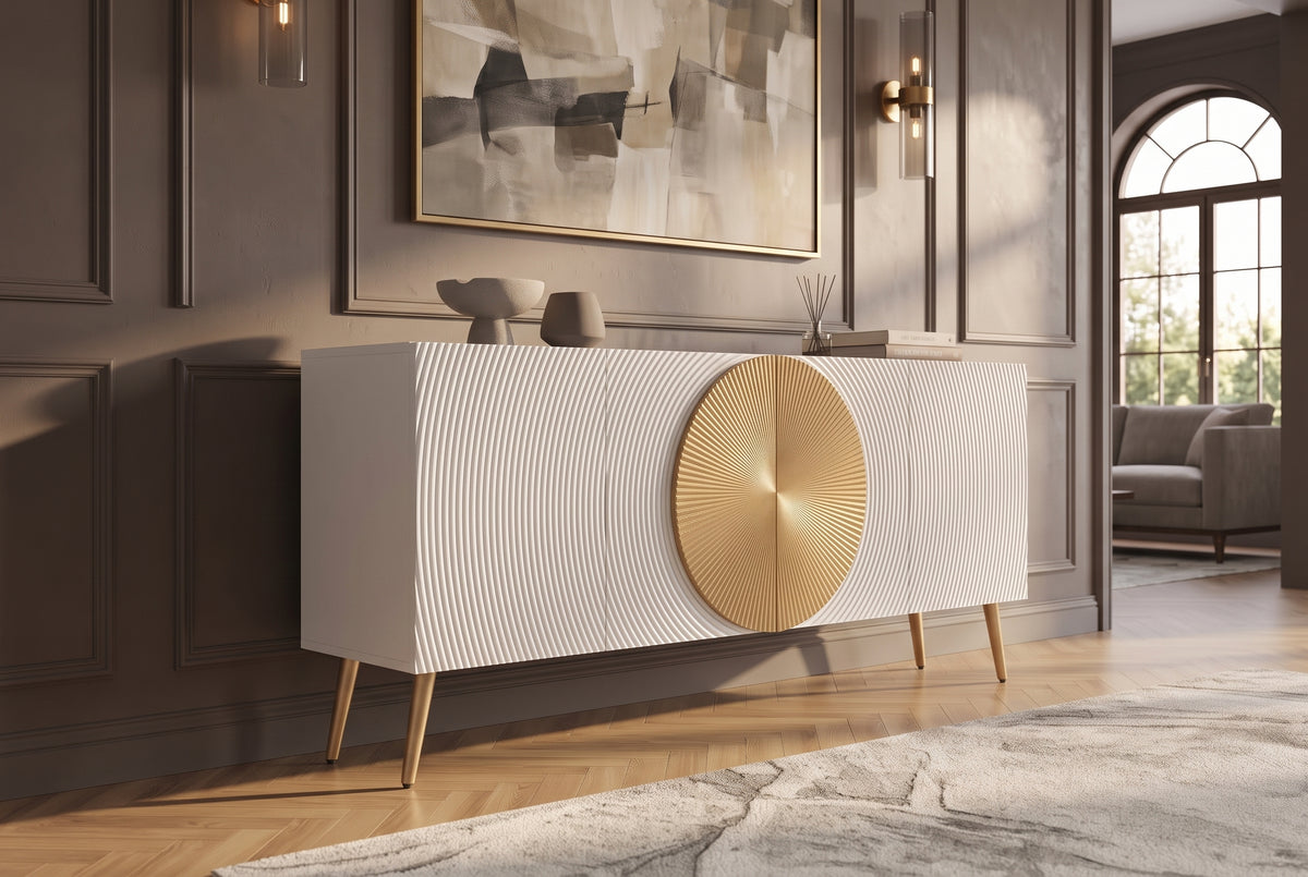 Sideboard AURUM 180cm textured front gold circle accent mango wood white gold metal feet