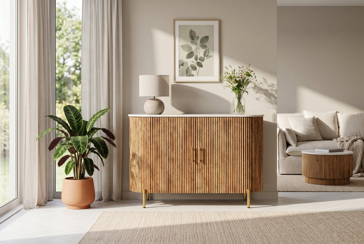 Sideboard TRES CHIC 105cm Mangoholz natur mit weißer Marmorplatte und goldenen Griffen