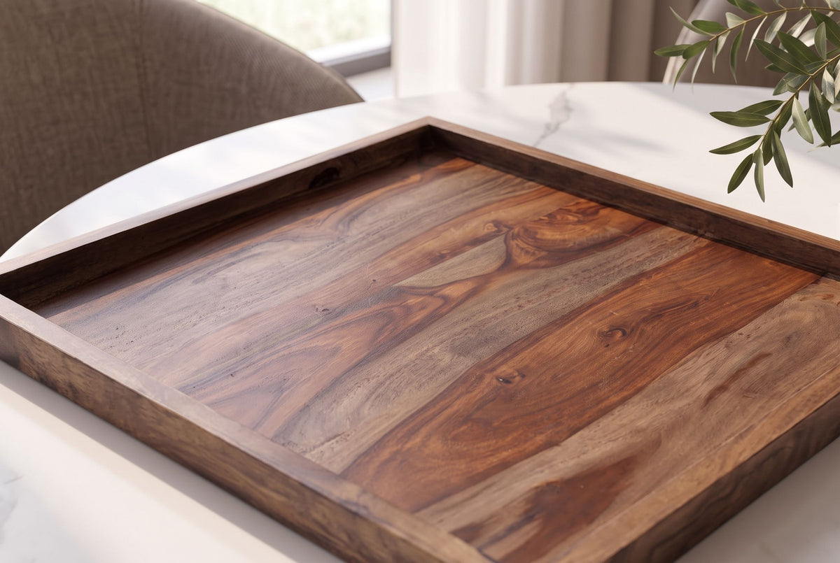 Tray MAKASSAR 50cm w/ raised edge sheesham wood brown smoke finish