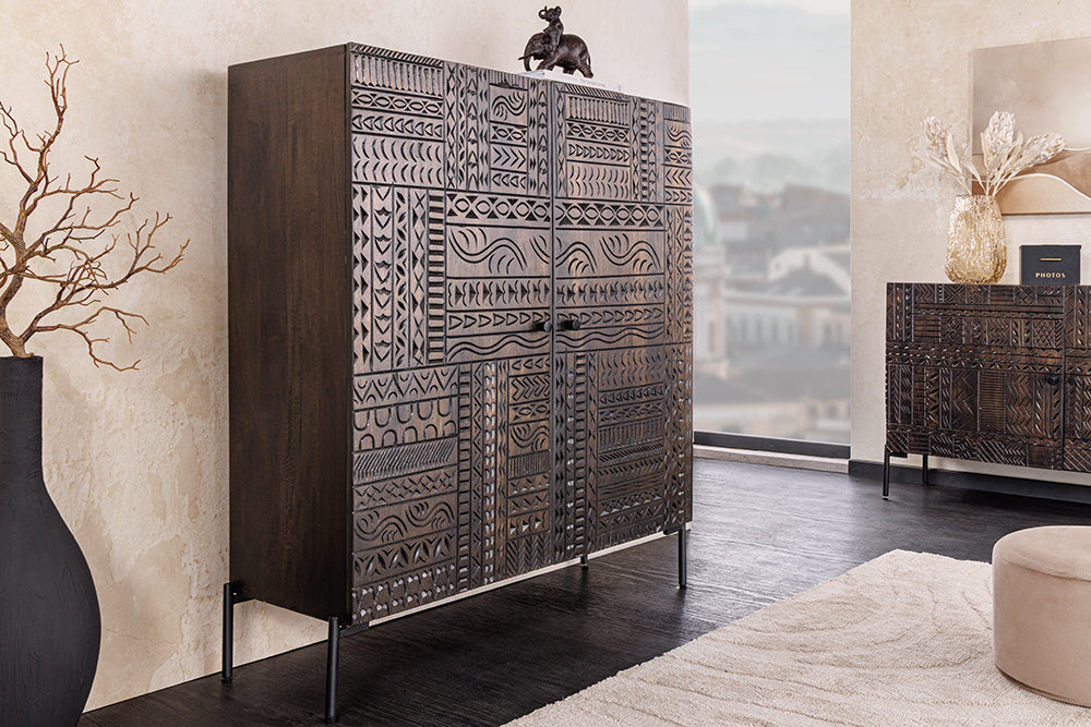 Highboard TRIBAL 120cm 3D Antik-Look Mangoholz dunkelbraun