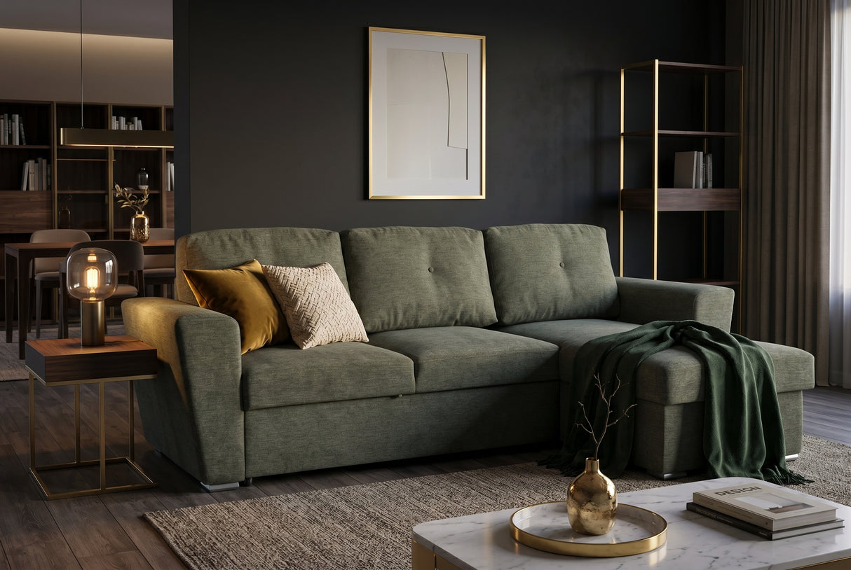 Sofa bed APARTMENT 245cm 3-seater w/ ottoman and storage space textured fabric green