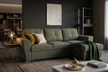 Sofa bed APARTMENT 245cm 3-seater w/ ottoman and storage space textured fabric green