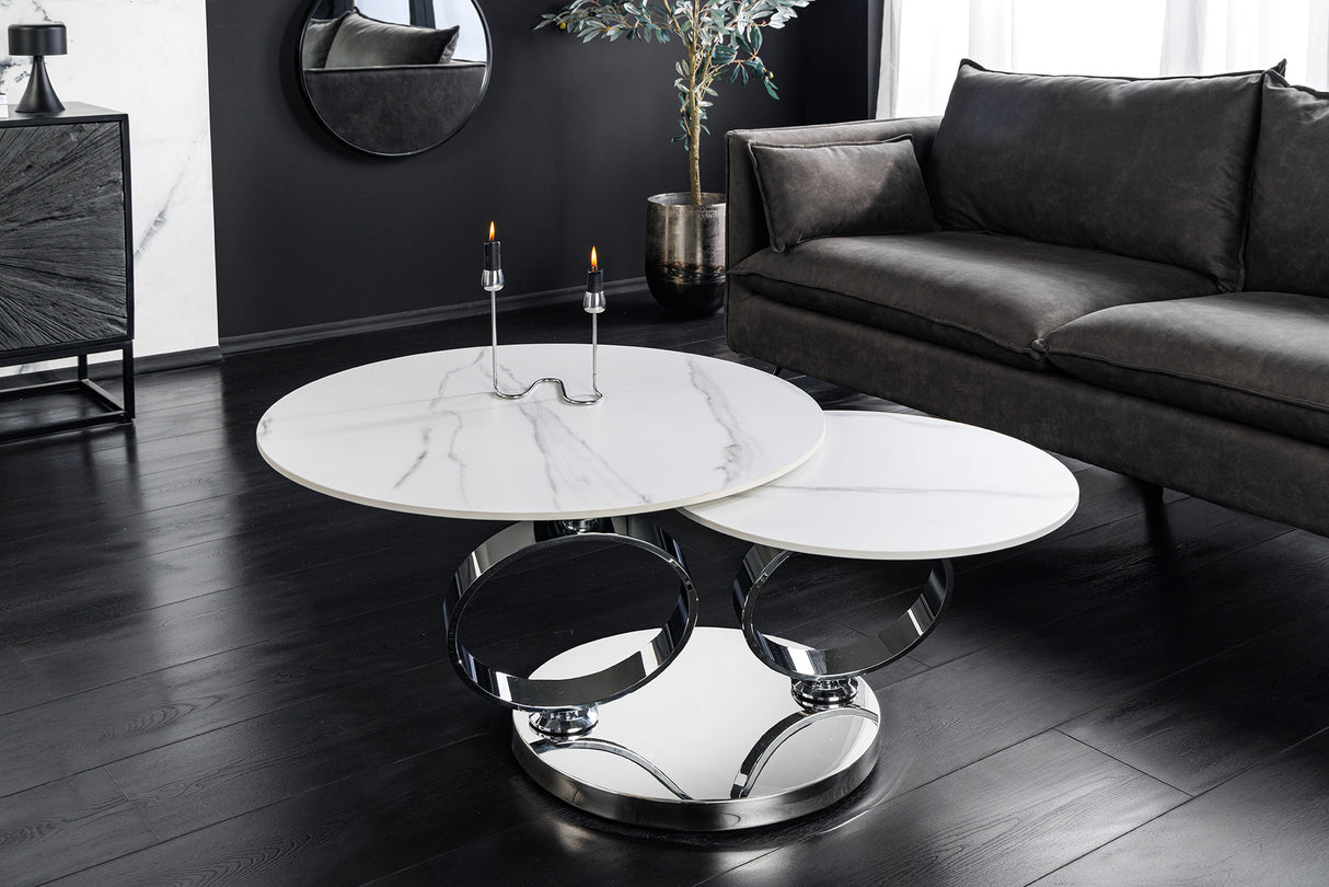 Coffee table DANCING RINGS 80-135cm rotatable w/ chrome rack and ceramic top white marble