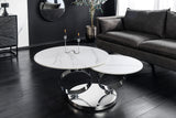 Coffee table DANCING RINGS 80-135cm rotatable w/ chrome rack and ceramic top white marble
