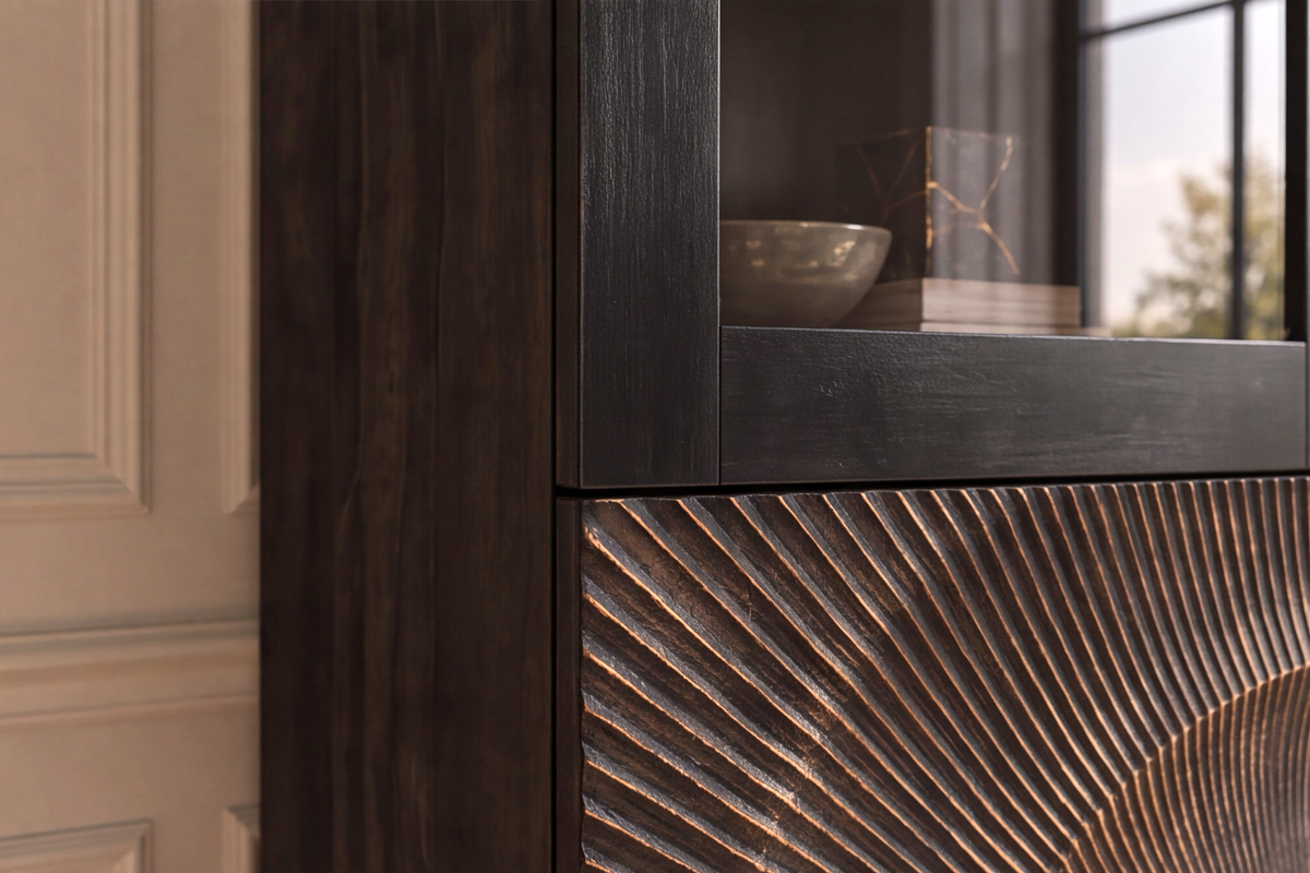 Highboard GOLDEN SUNSET 180cm 3D w/ glass doors mango wood black gold