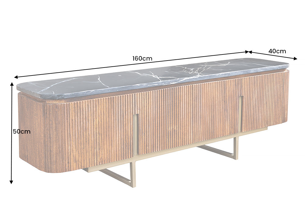 Meuble TV GATSBY 160 cm style rétro en bois de manguier doré et plateau en marbre noir