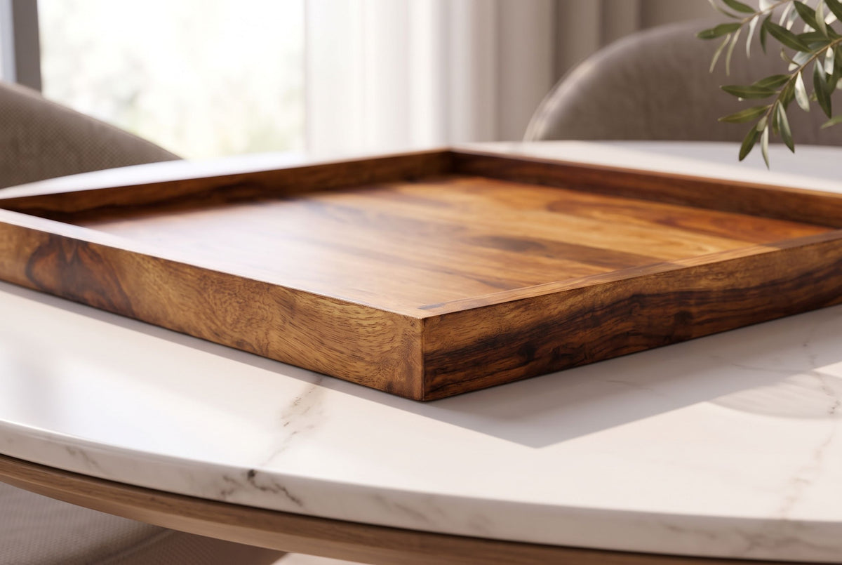 Tray MAKASSAR 50cm w/ raised edge sheesham wood brown stone finish