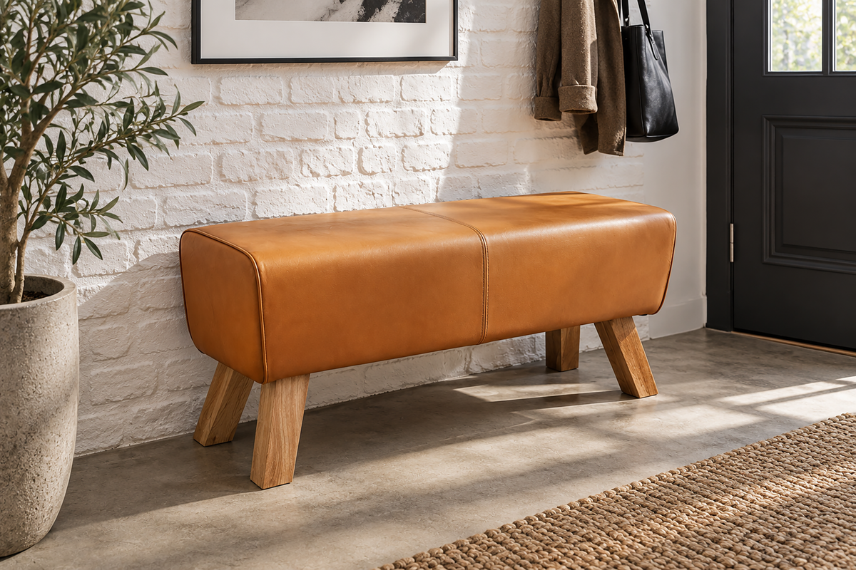 Bench TURNBOCK 100cm upholstered seat mango wood natural genuine leather cognac brown
