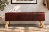 Bench TURNBOCK 120cm upholstered seat mango wood natural genuine leather coffee brown