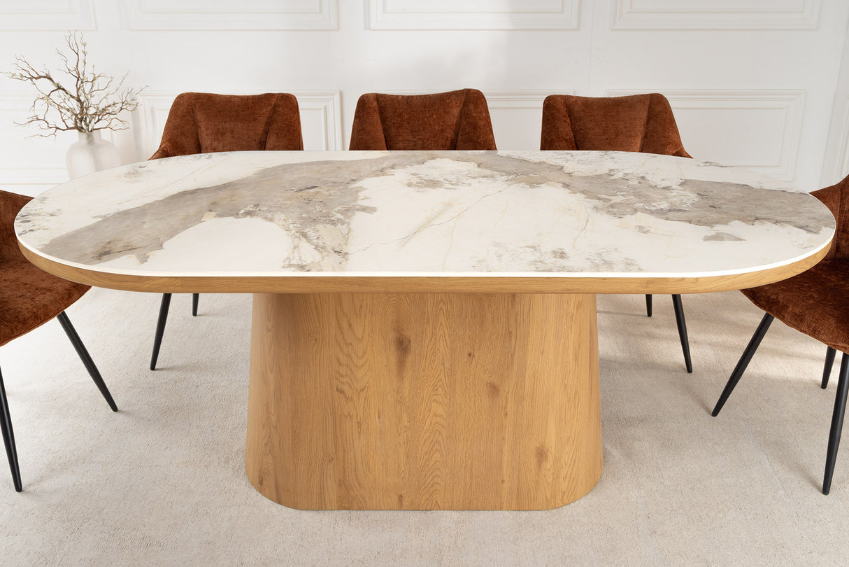 Dining table UNIQUE 200cm oval frame oak wood verneered ceramic white marble top