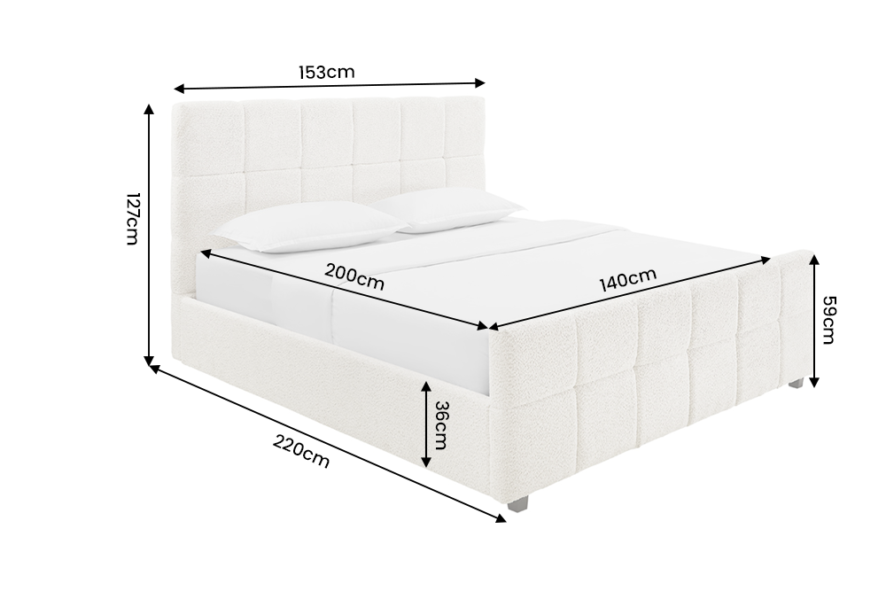 Bed PRESTIGE 140x200cm w/ storage space and slatted frame bouclé creamy