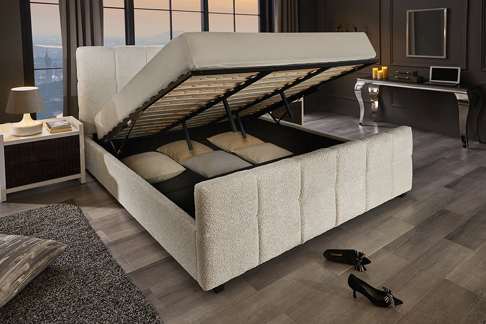 Bett PRESTIGE 180x200cm Bouclé cremefarben mit Stauraum
