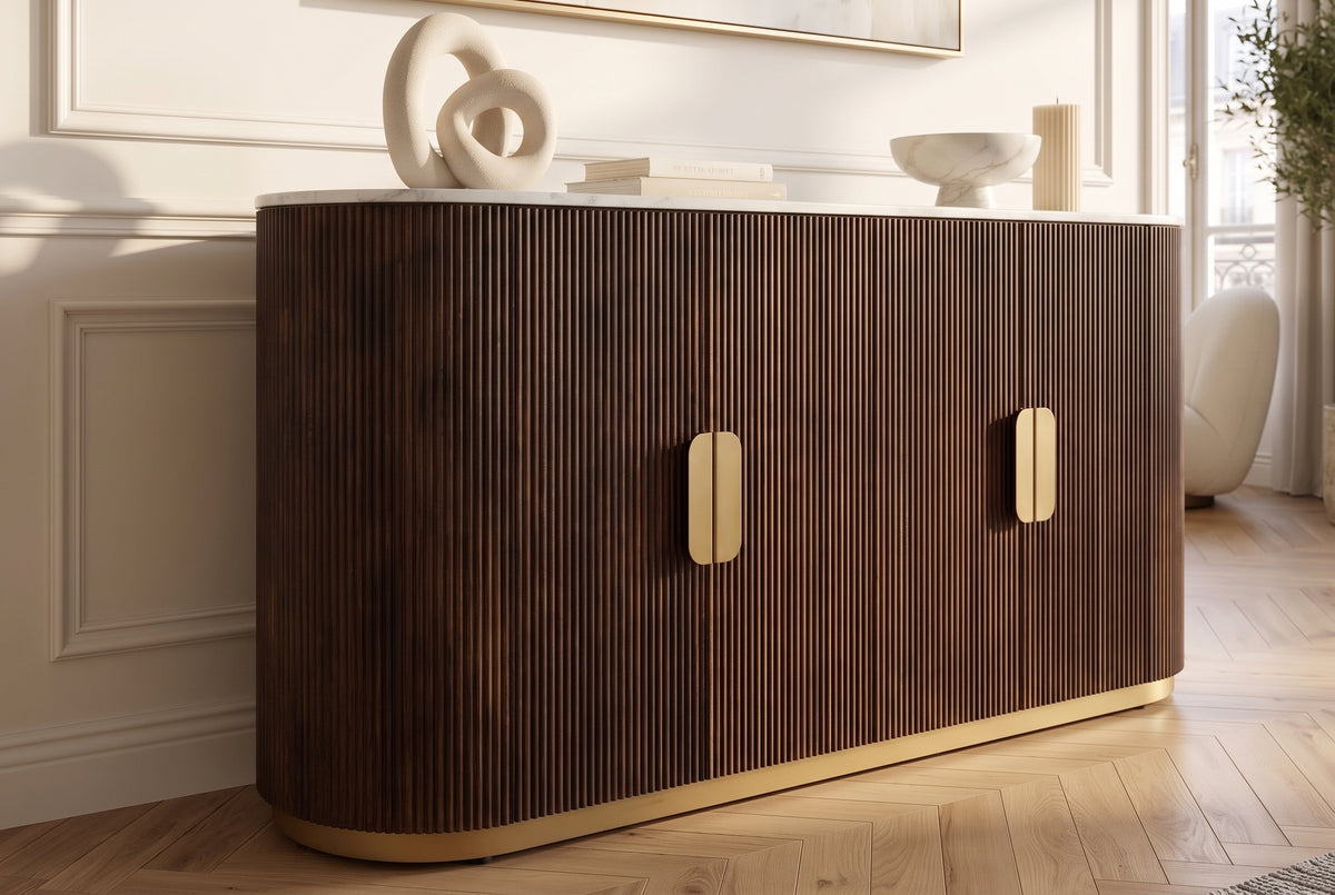 Sideboard GATSBY 140cm mango wood brown marble top white