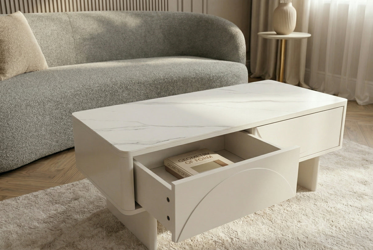 Couchtisch SAVOY 120 cm 3D weiß mit weißer Marmorkeramikplatte