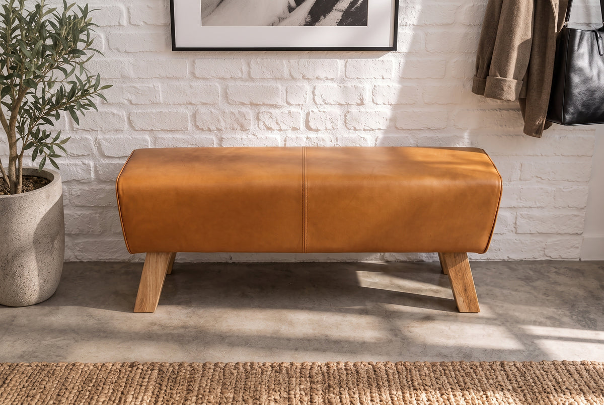 Bench TURNBOCK 100cm upholstered seat mango wood natural genuine leather cognac brown