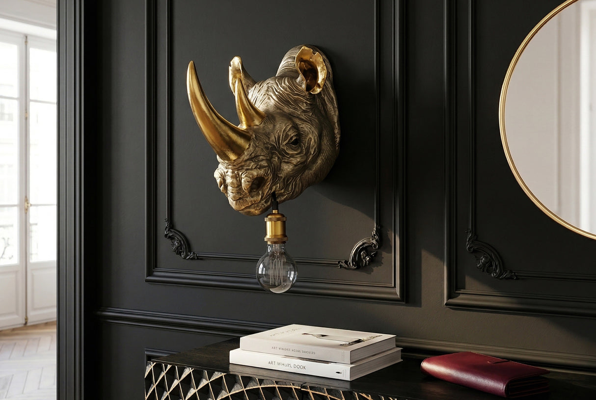 Wandleuchte RHINO 40 cm handgefertigte goldene Nashornskulptur