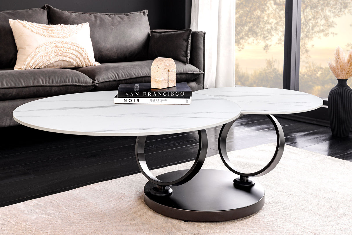 Couchtisch DANCING RINGS 80-135cm drehbar Keramikplatte weiß Marmoroptik