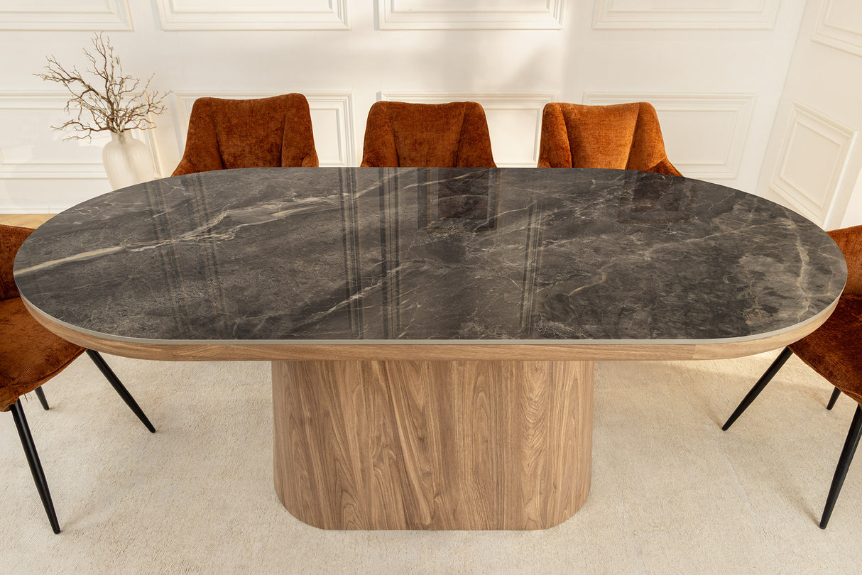 Dining table UNIQUE 200cm oval frame walnut wood verneered ceramic grey marble top