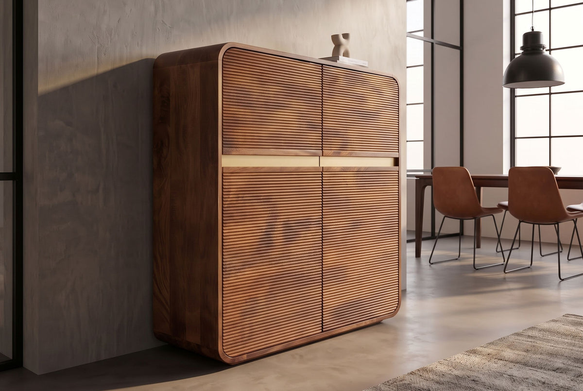 Highboard MONZA 120cm fluted front rounded edges mango wood brown w/ gold details