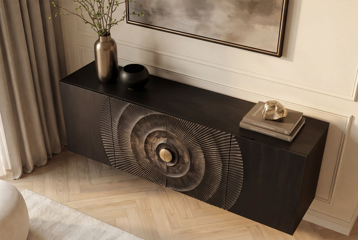Sideboard GOLDEN SUNSET 180cm 3D hanging mango wood black