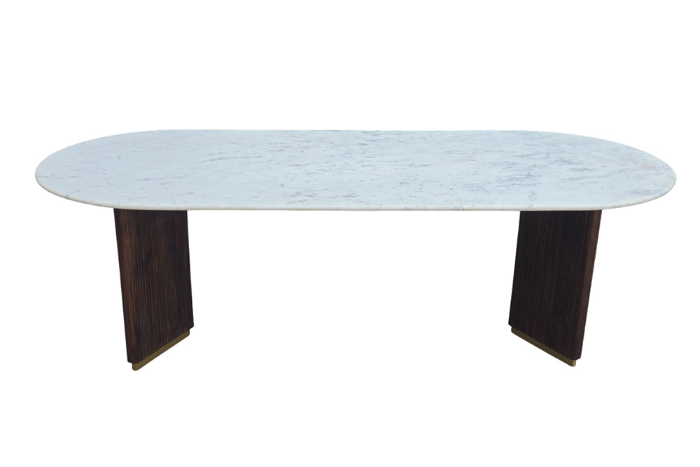 Dining table GATSBY 240cm oval mango wood v-shape frame marble top white