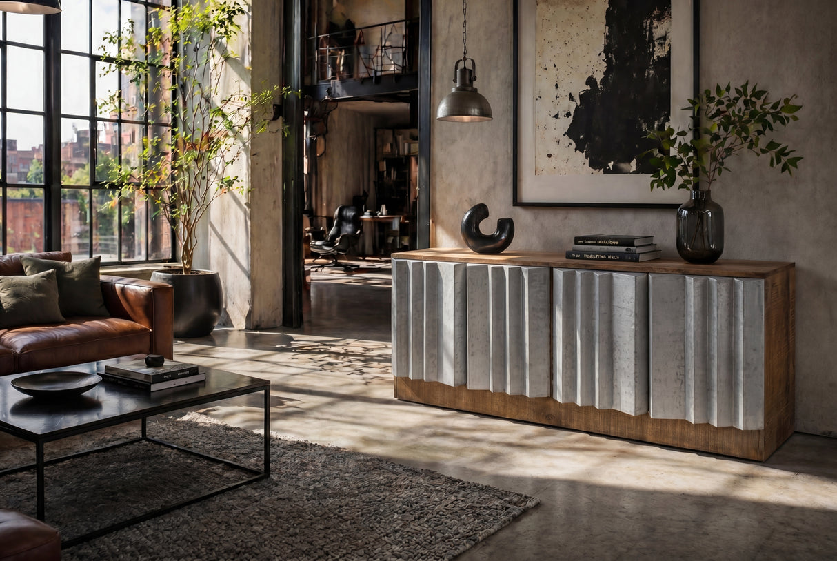 TV-Board ZALVERO 150cm Mangoholz Aluminiumfront natur silber