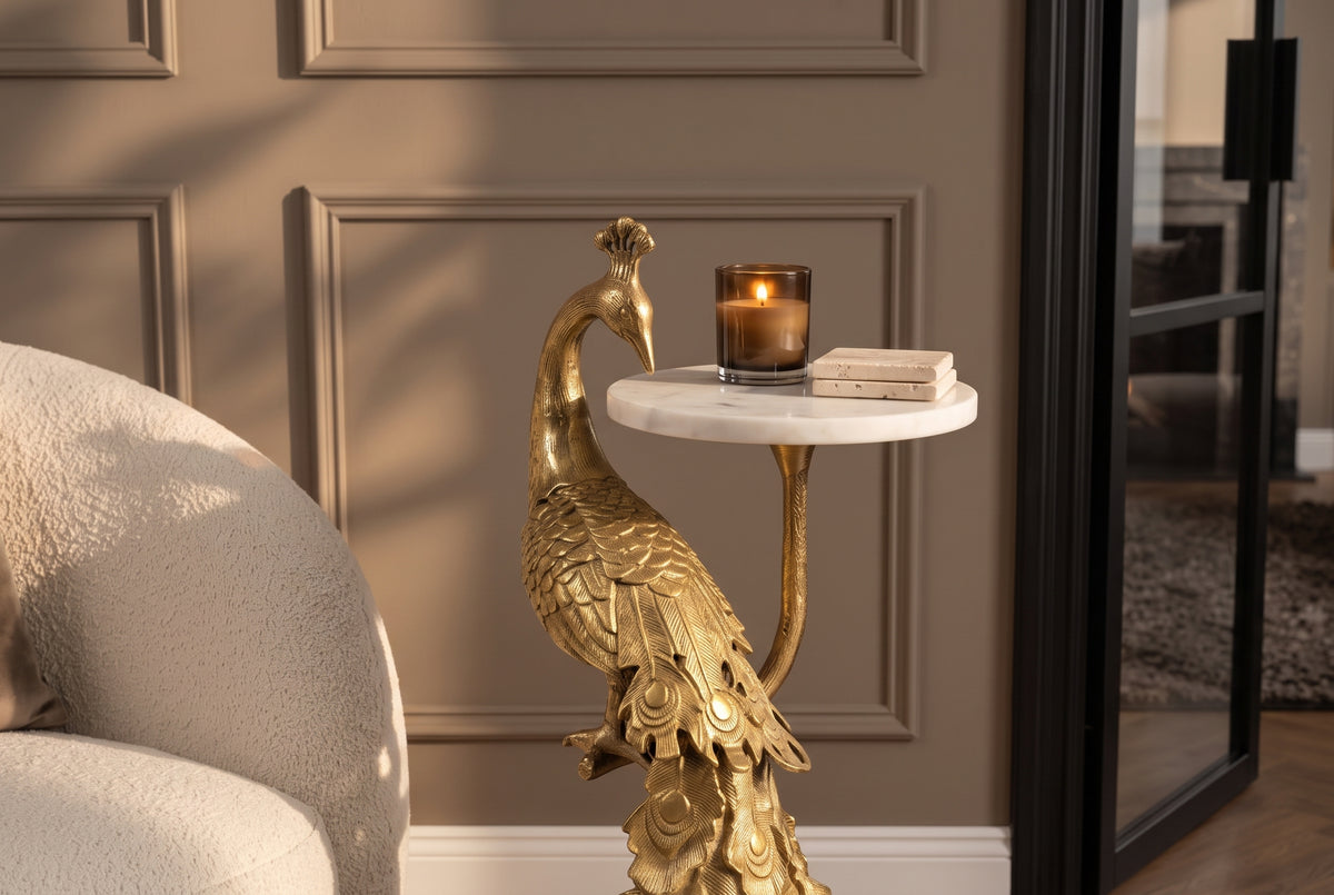Beistelltisch WILDLIFE PEACOCK 75cm Marmorplatte weiß skulpturaler Pfauenfuß gold