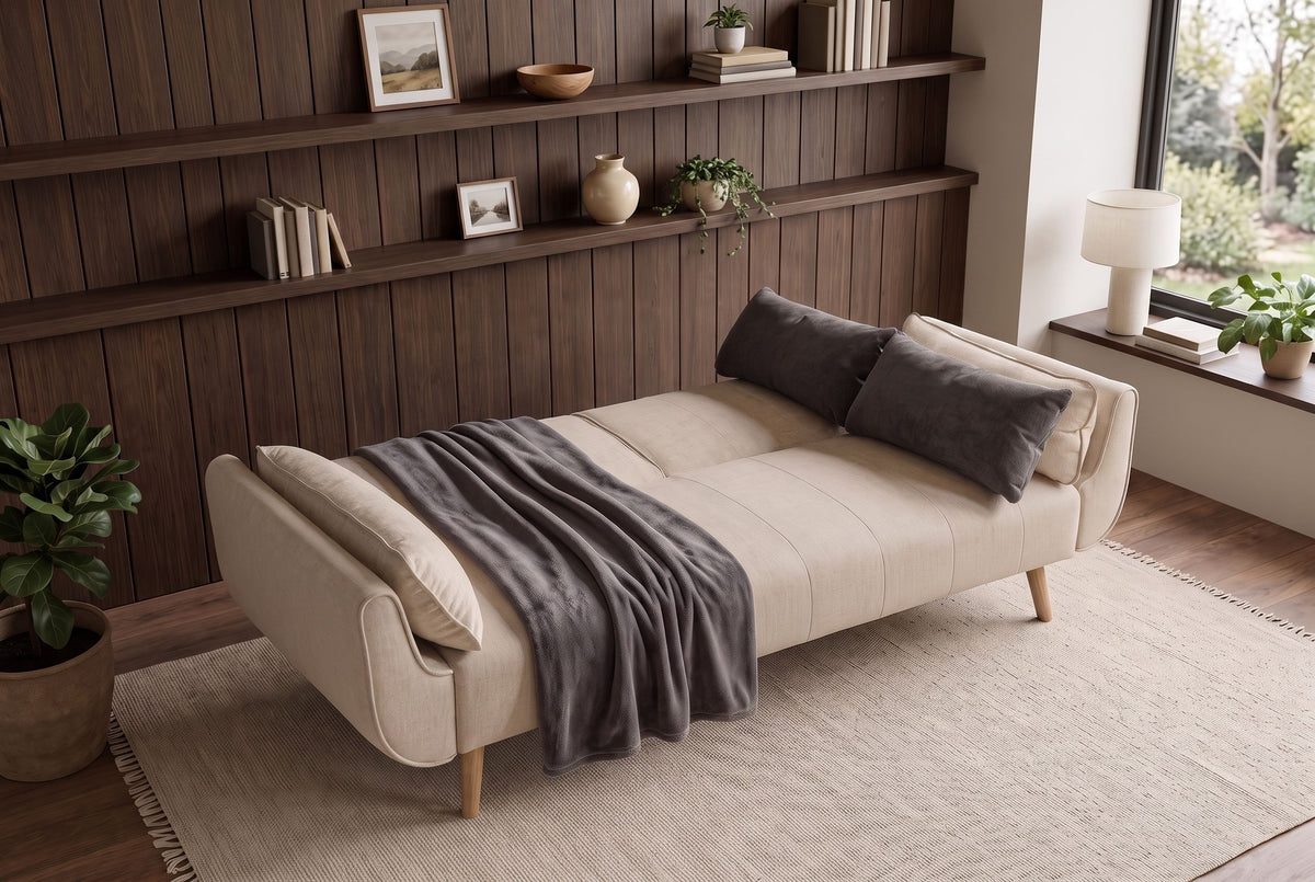 Schlafsofa DIVANI 220 cm 3-Sitzer mit Armlehnkissen, Strukturstoff greige, Holzfüße