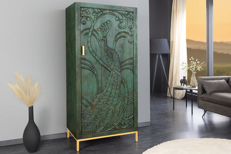 Highboard PEACOCK 170cm 3D mango wood antique look green gold handmade