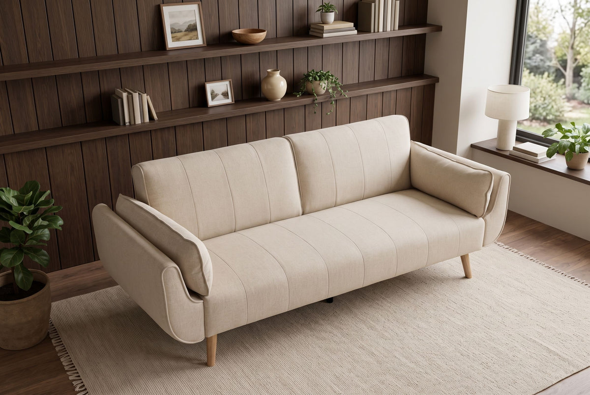 Schlafsofa DIVANI 220 cm 3-Sitzer mit Armlehnkissen, Strukturstoff greige, Holzfüße