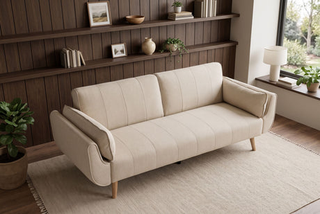 Schlafsofa DIVANI 220 cm 3-Sitzer mit Armlehnkissen, Strukturstoff greige, Holzfüße