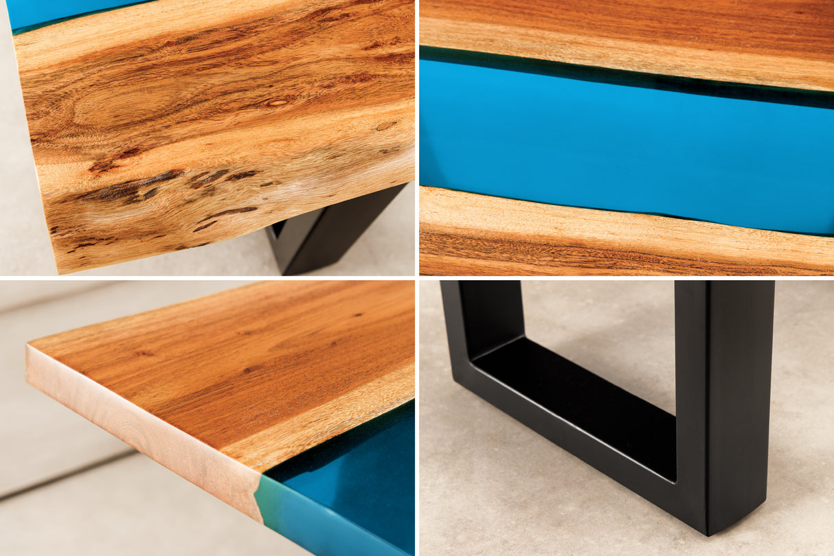 Couchtisch LIQUID 110cm Akazienholz blau Epoxidstreifen