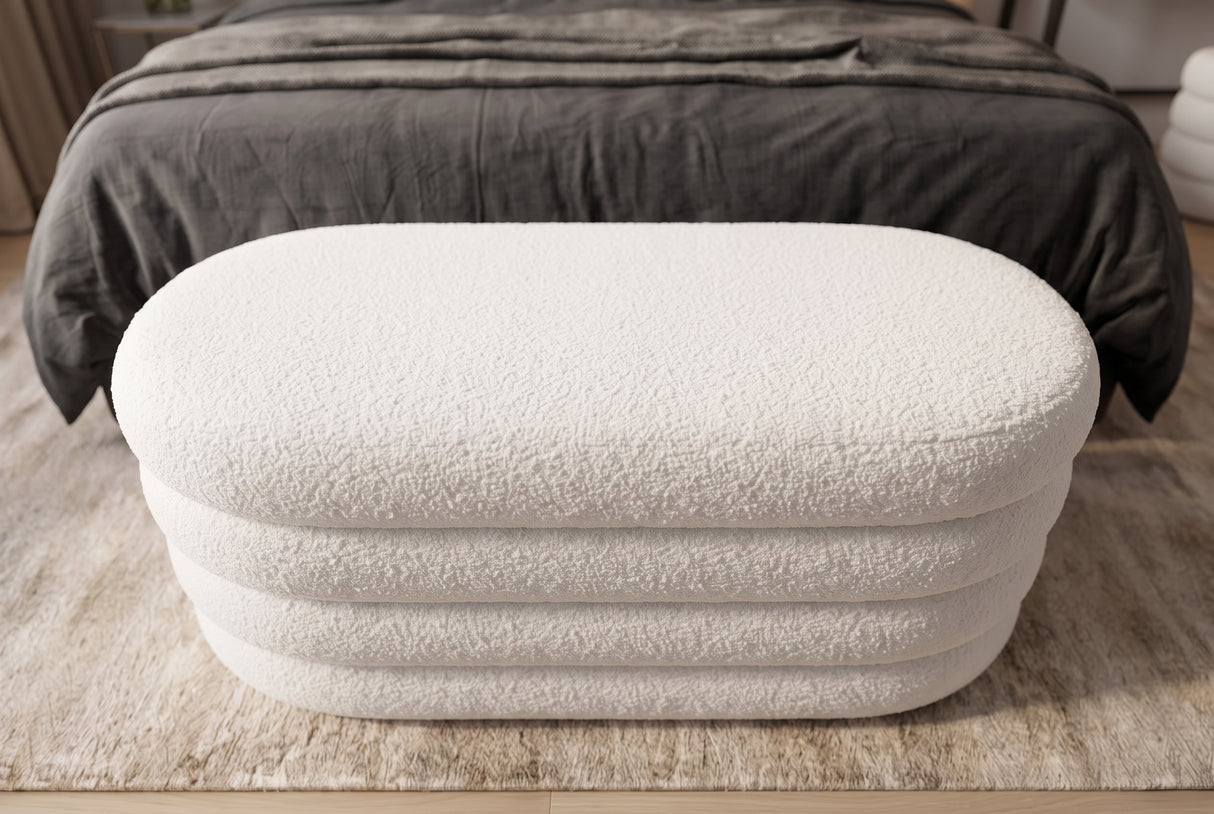 Bench chest VOGUE 85cm oval upholstered w/ storage space bouclè white