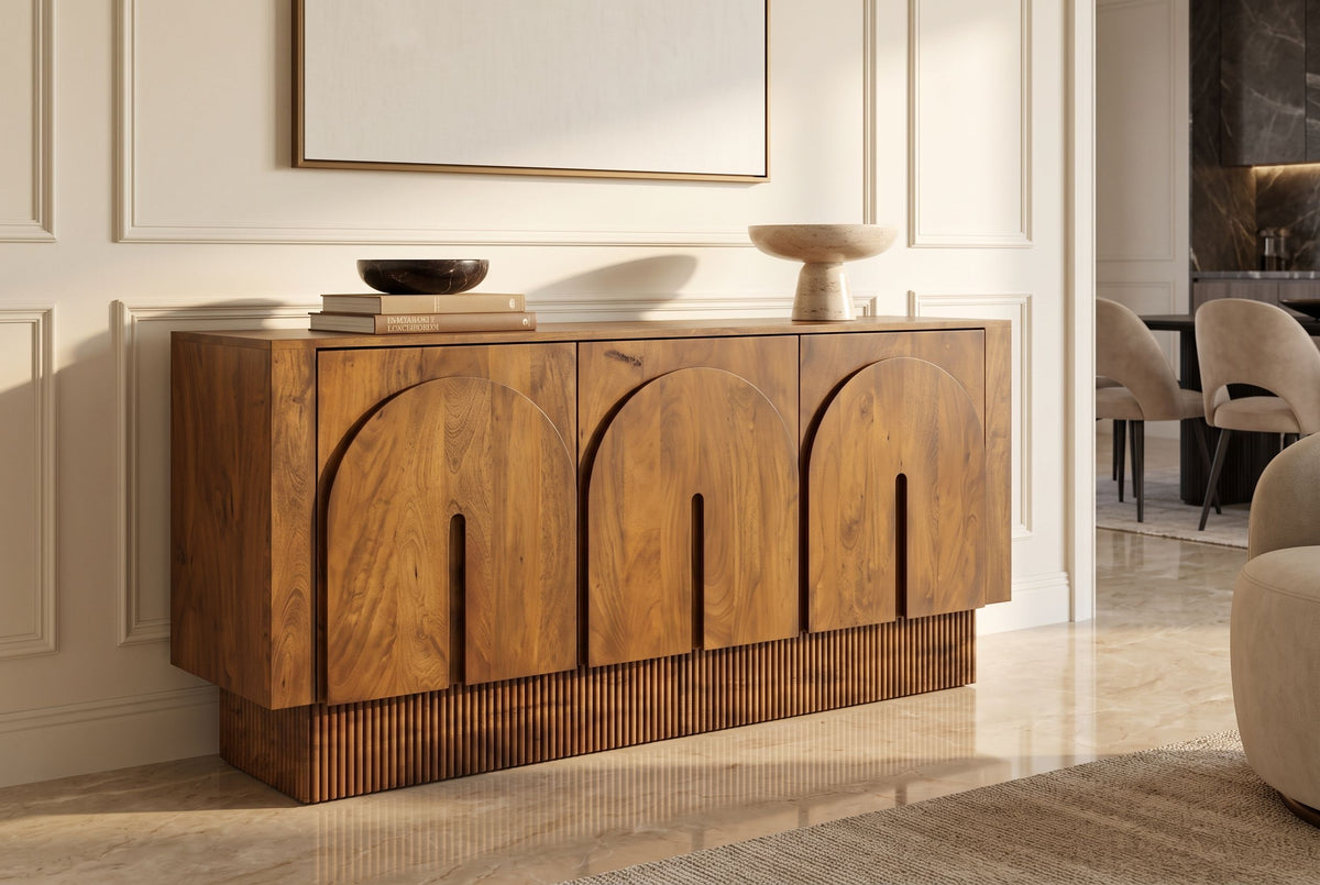Sideboard ARCADIA 160cm arched front fluted pedestal base mango wood brown