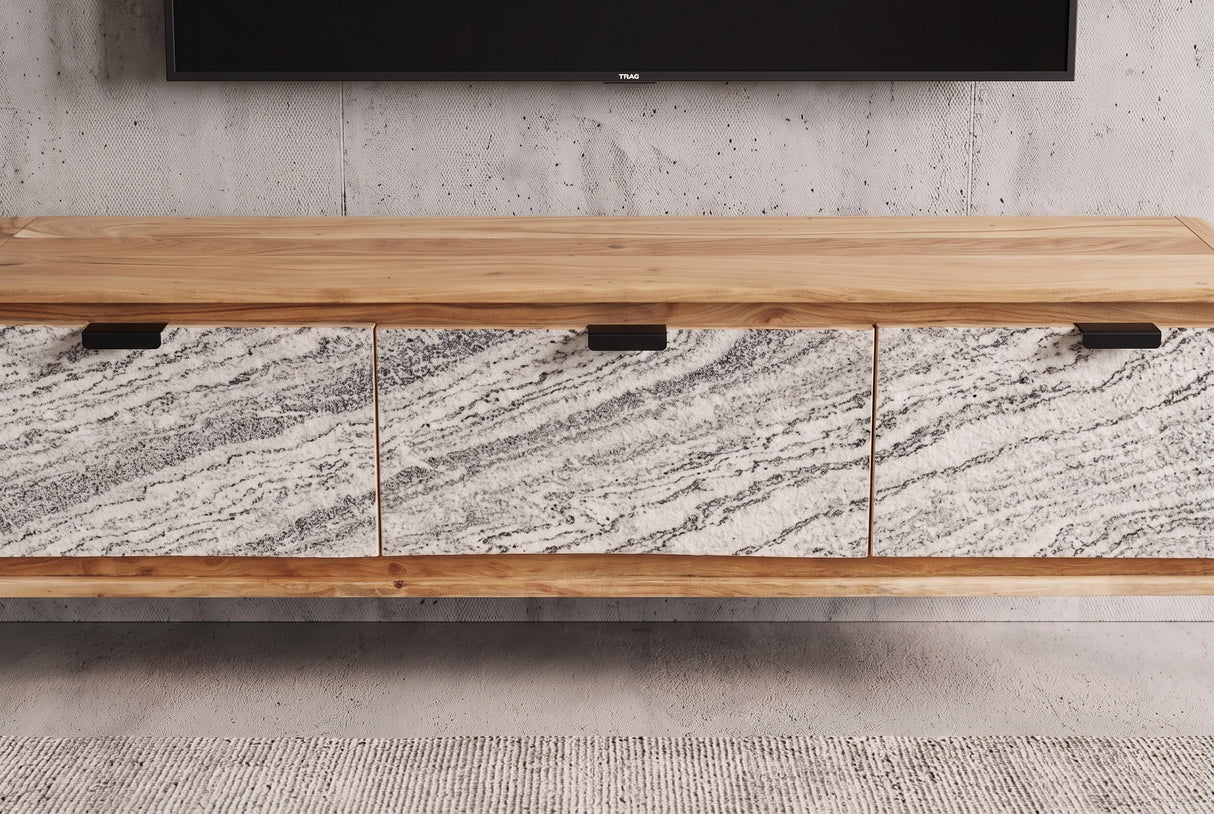 TV-Board ORGANIC 160cm hanging acacia wood natural w/ stone look front