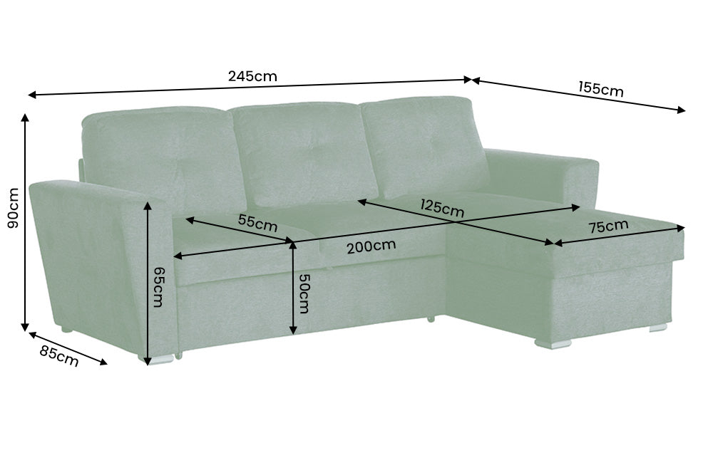 Sofa bed APARTMENT 245cm 3-seater w/ ottoman and storage space textured fabric green