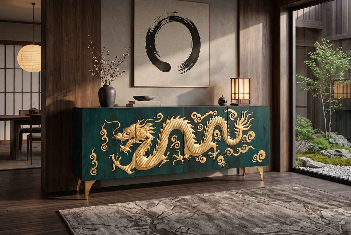 Sideboard DRAGON 180cm 3D dragon front mango wood turquoise w/ gold coloured details