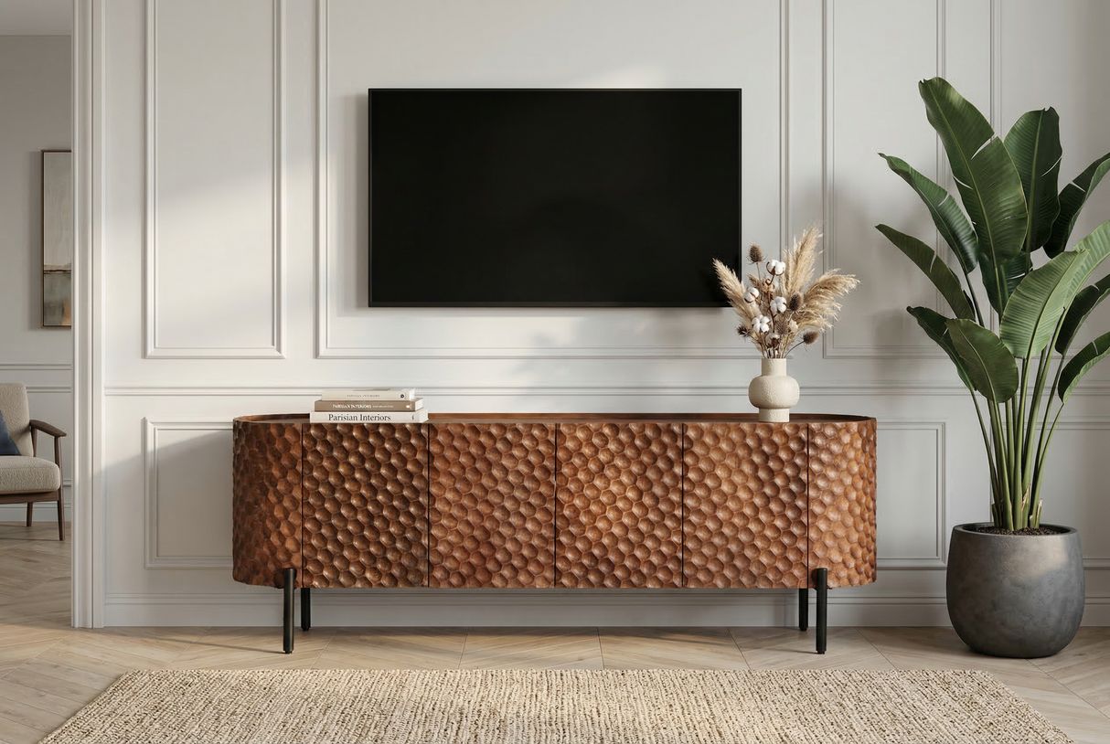 TV-Board ADLON 160cm 3D Mango Massivholz mit schwarzem Gestell