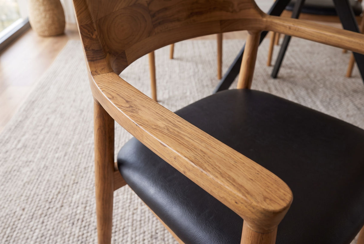 Chair KENNEDY w/ armrests artificial leather black and teak wood natural
