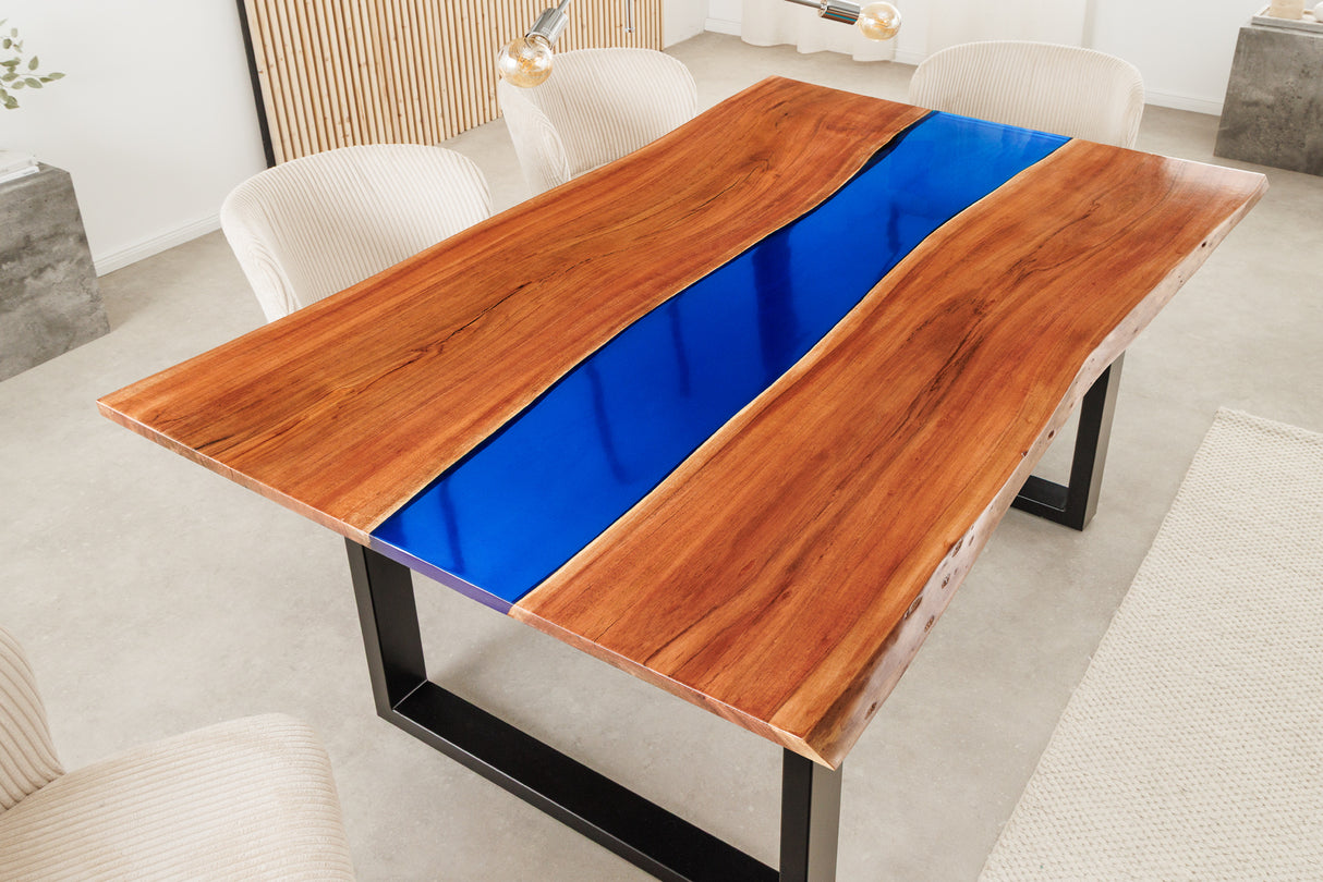 Dining table LIQUID 160cm acacia wood blue epoxy strip